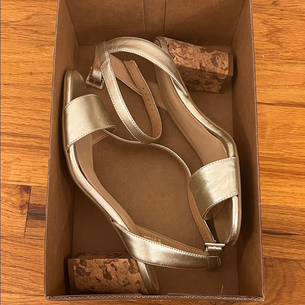 Anthropologie Gold & Cork Heel Sandals